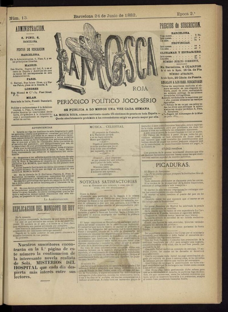 Miniatura de La Mosca Roja : periódico político joco-serio del 24 de junio de 1882, nº 13