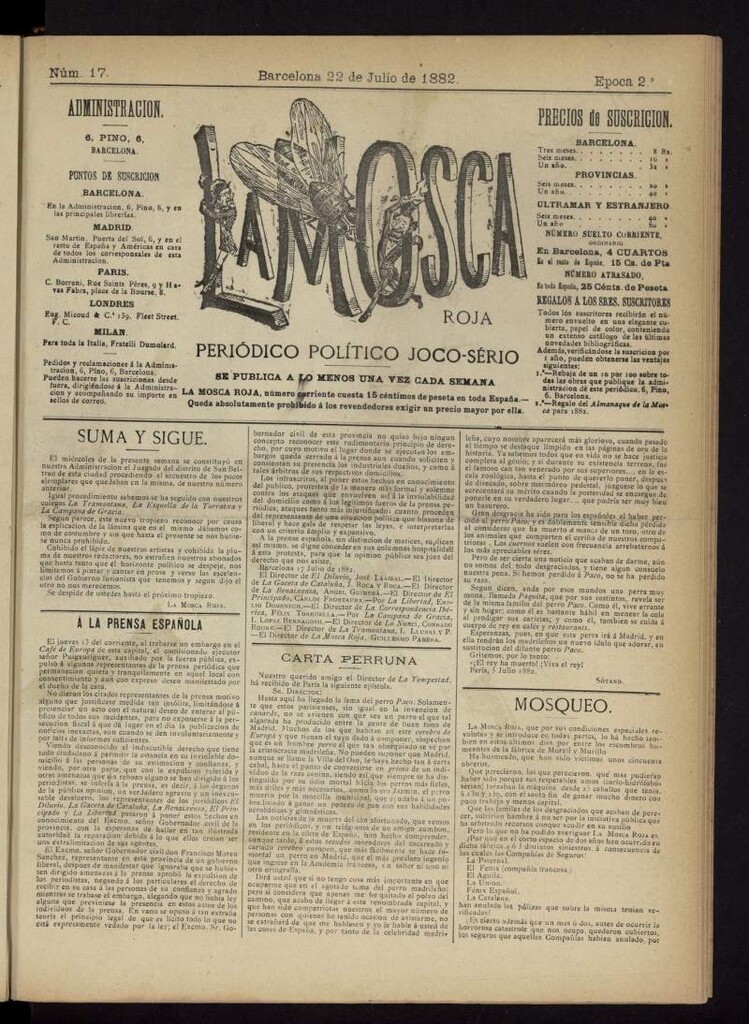 Miniatura de La Mosca Roja : periódico político joco-serio del 22 de julio de 1882, nº 17
