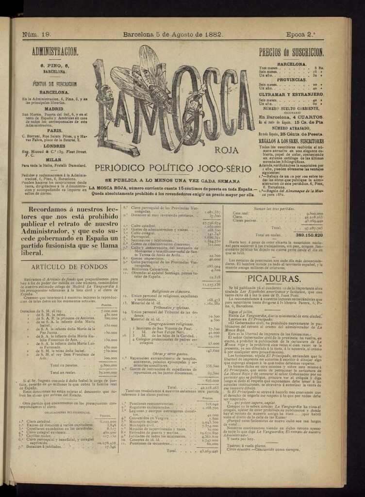 Miniatura de La Mosca Roja : periódico político joco-serio del 5 de agosto de 1882, nº 19