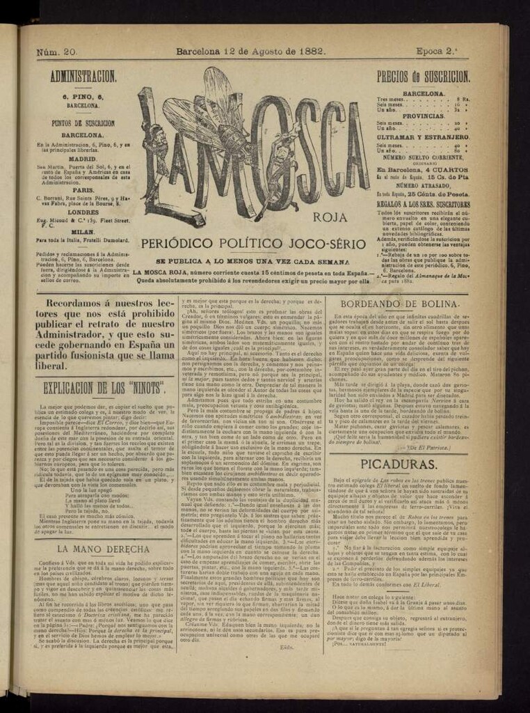 Miniatura de La Mosca Roja : periódico político joco-serio del 12 de agosto de 1882, nº 20