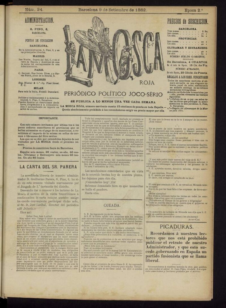 Miniatura de La Mosca Roja : periódico político joco-serio del 9 de septiembre de 1882, nº 24