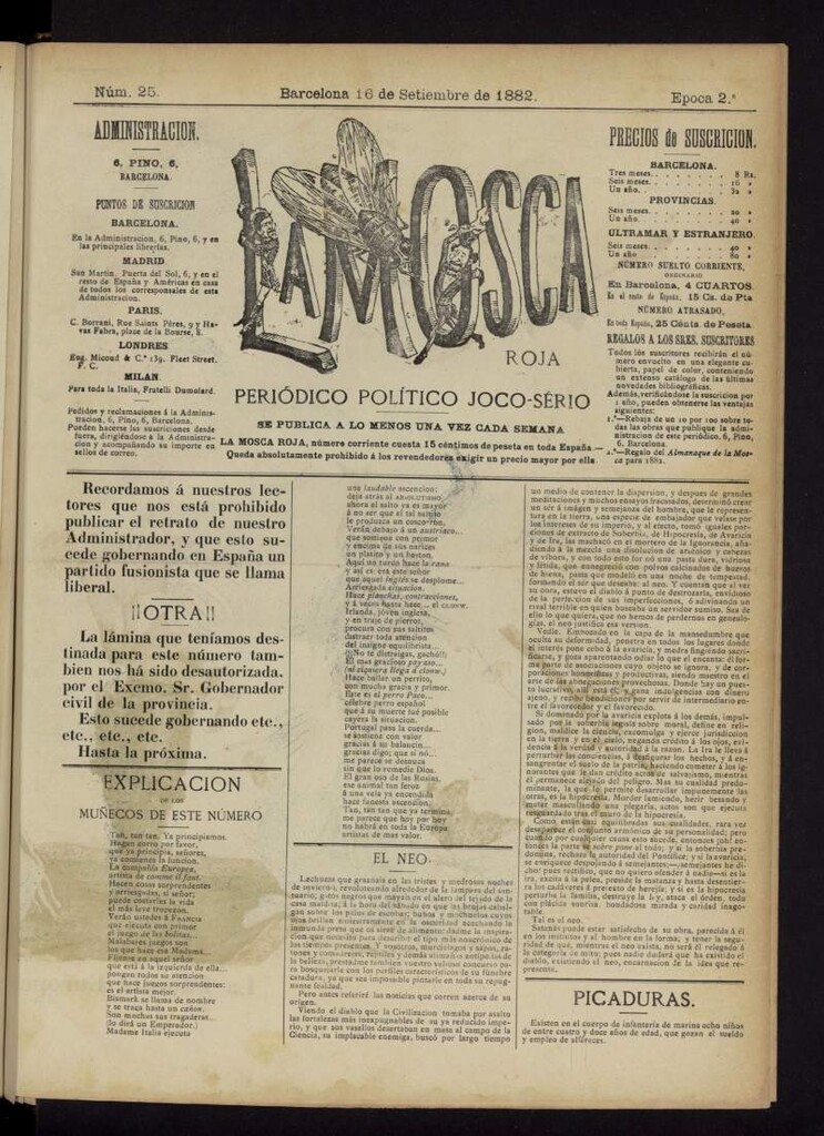 Miniatura de La Mosca Roja : periódico político joco-serio del 16 de septiembre de 1882, nº 25