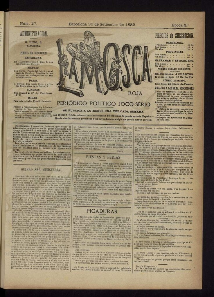 Miniatura de La Mosca Roja : periódico político joco-serio del 30 de septiembre de 1882, nº 27