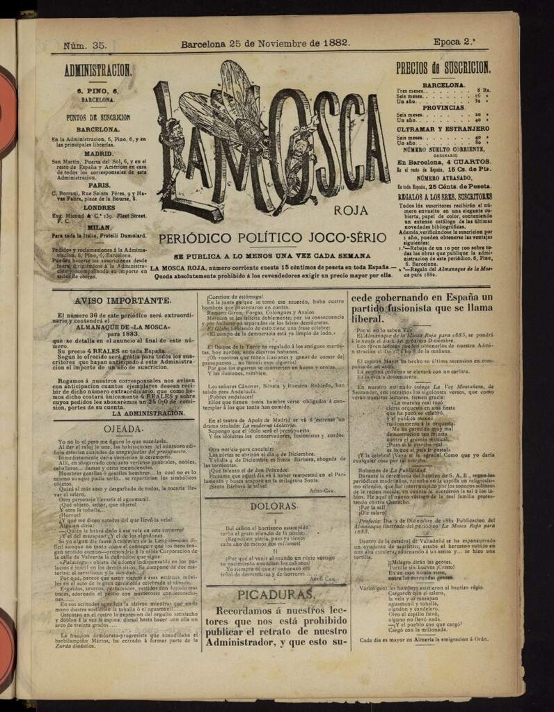 Miniatura de La Mosca Roja : periódico político joco-serio del 25 de noviembre de 1882, nº 35