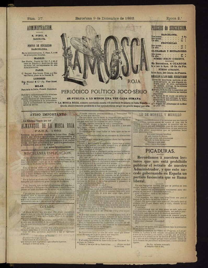 Miniatura de La Mosca Roja : periódico político joco-serio del 9 de diciembre de 1882, nº 37