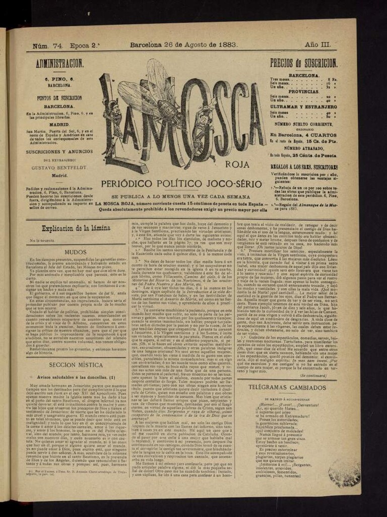 Miniatura de La Mosca Roja del 26 de agosto de 1883, nº 74