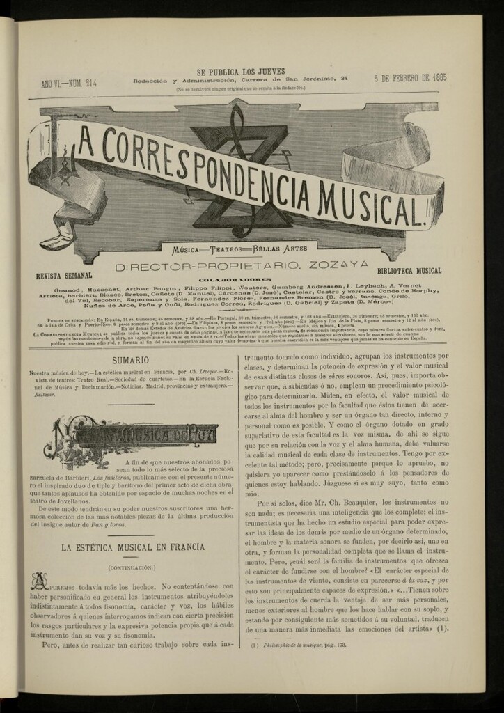 Miniatura de La Correspondencia musical : música, teatros, bellas artes, de 5 de febrero de 1885, nº 214