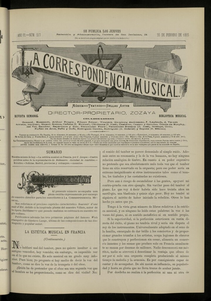 Miniatura de La Correspondencia musical : música, teatros, bellas artes, de 26 de febrero de 1885, nº 217