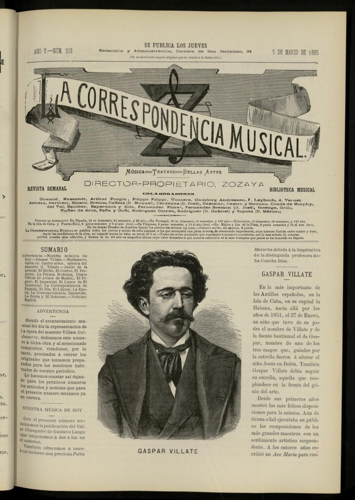 Miniatura de La Correspondencia musical : música, teatros, bellas artes, de 5 de marzo de 1885, nº 218