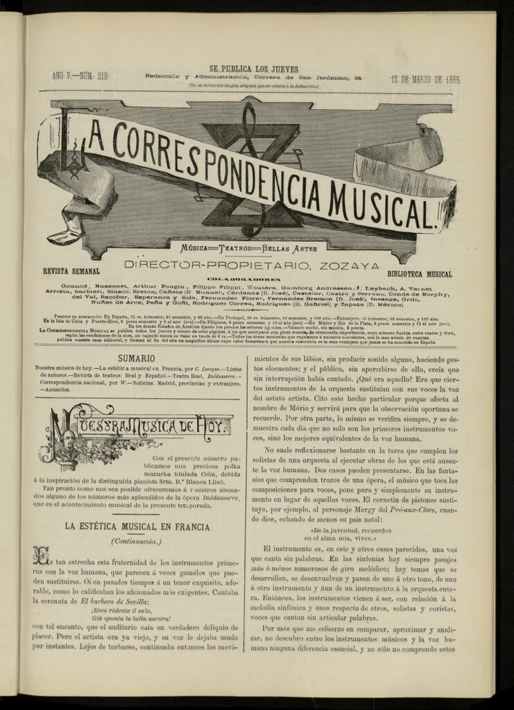 Miniatura de La Correspondencia musical : música, teatros, bellas artes, de 12 de marzo de 1885, nº 219
