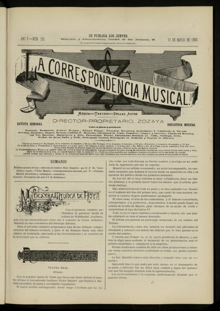Miniatura de La Correspondencia musical : música, teatros, bellas artes, de 19 de marzo de 1885, nº 220