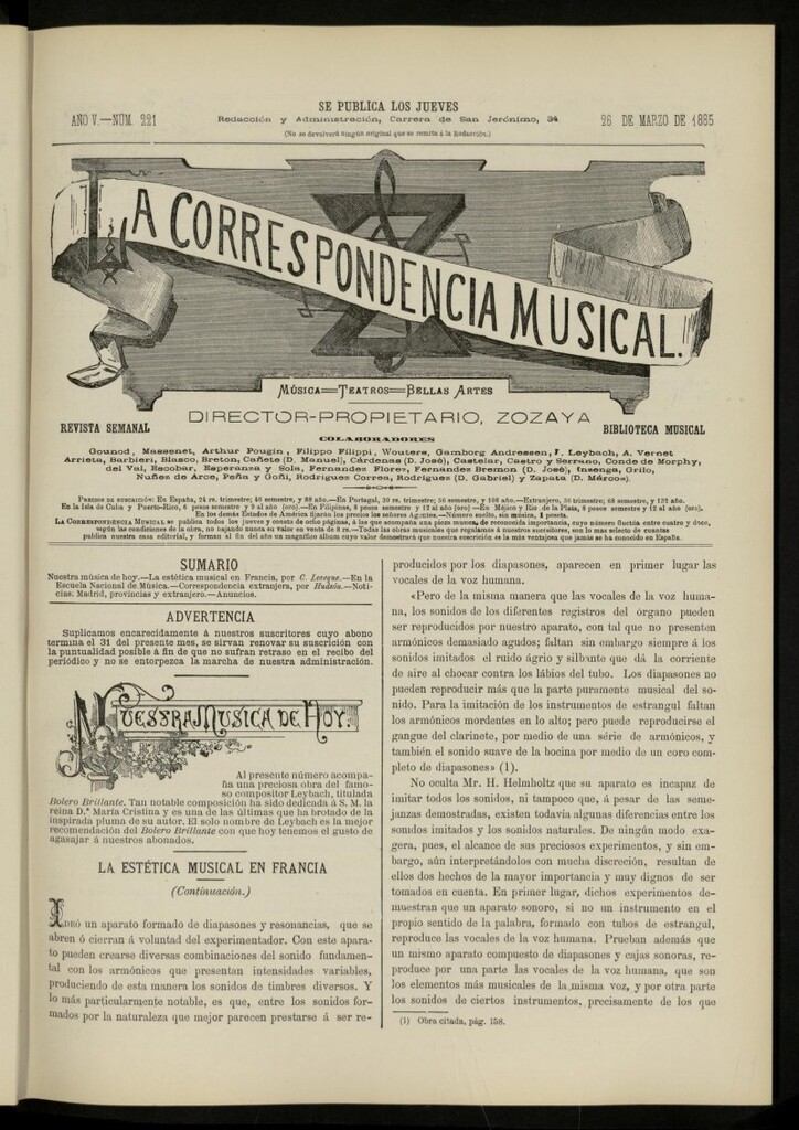 Miniatura de La Correspondencia musical : música, teatros, bellas artes, de 26 de marzo de 1885, nº 221