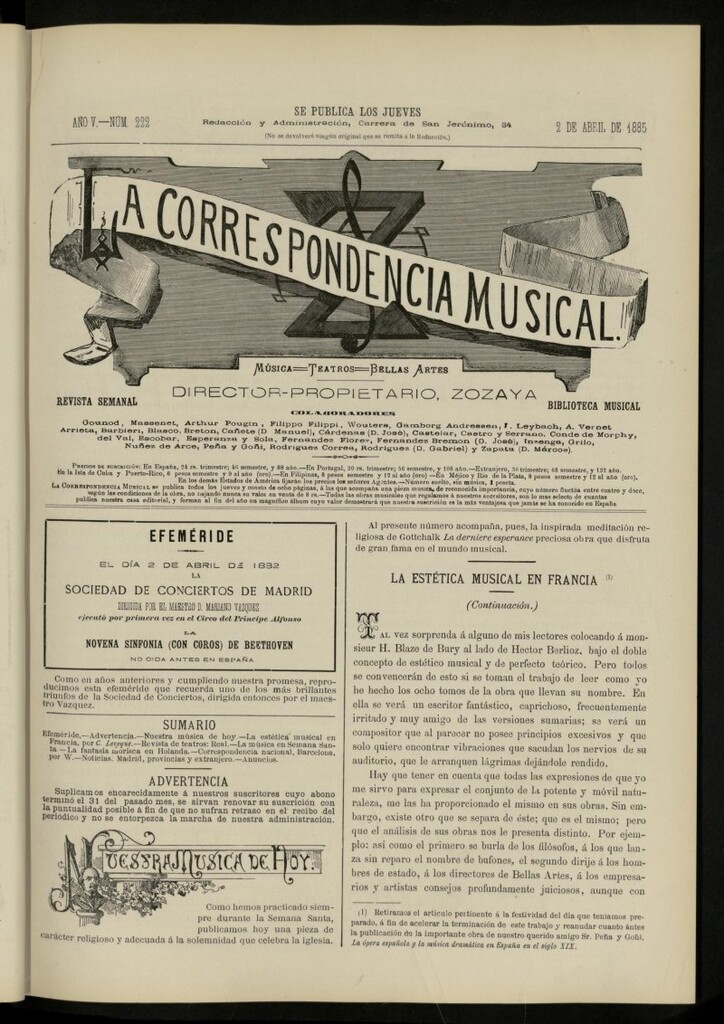 Miniatura de La Correspondencia musical : música, teatros, bellas artes, de 2 de abril de 1885, nº 222