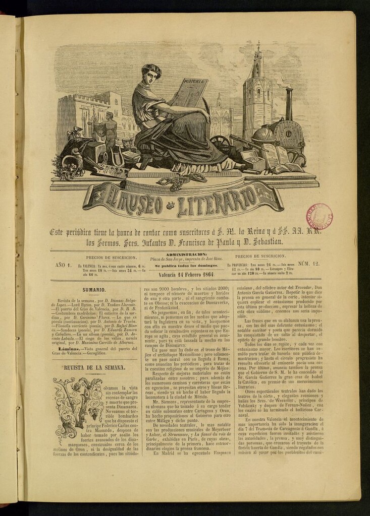 Miniatura de El Museo Literario : periódico semanal de ciencias, literatura, artes, industria y conocimientos útiles del 14 de febrero de 1864, nº 12