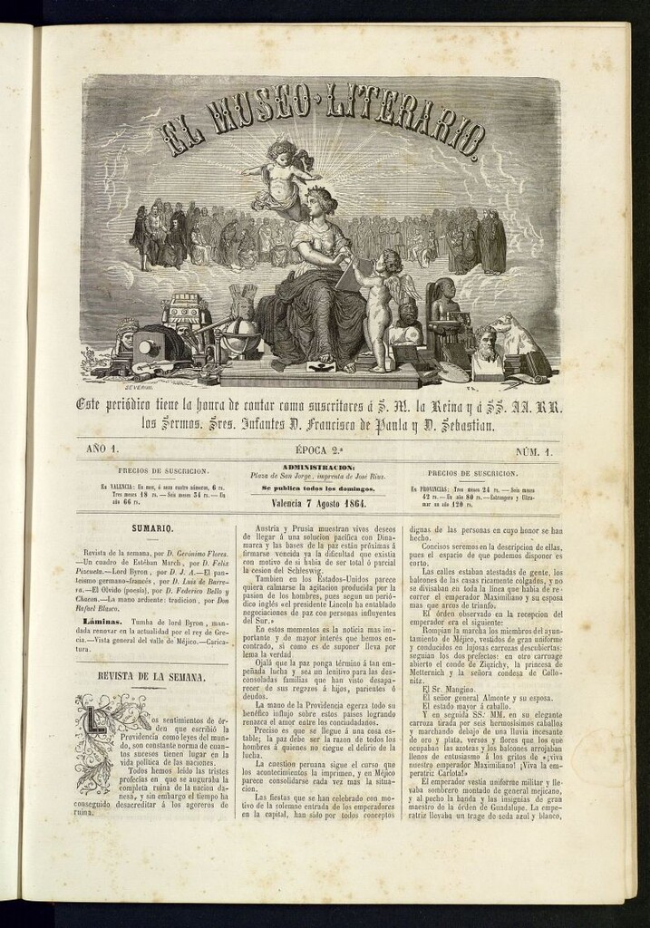 Miniatura de El Museo Literario : periódico semanal de ciencias, literatura, artes, industria y conocimientos útiles del 7 de agosto de 1864, nº 1