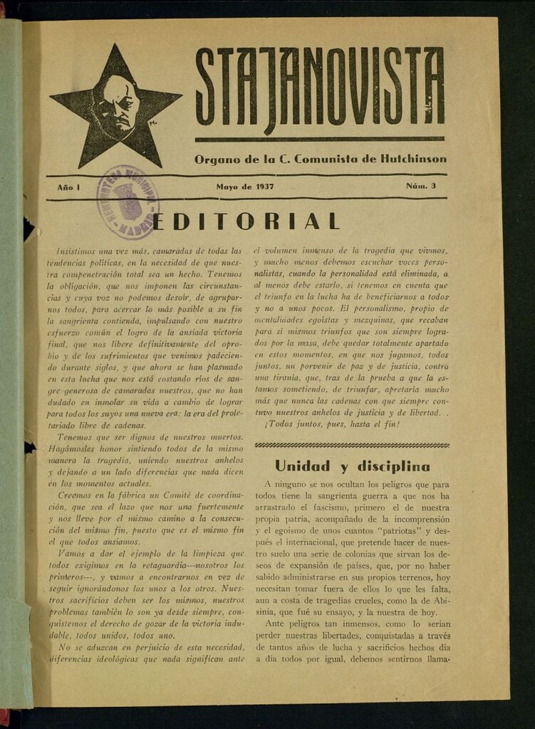 Miniatura de Stajanovista : órgano de la C. Comunista de Hutchinson