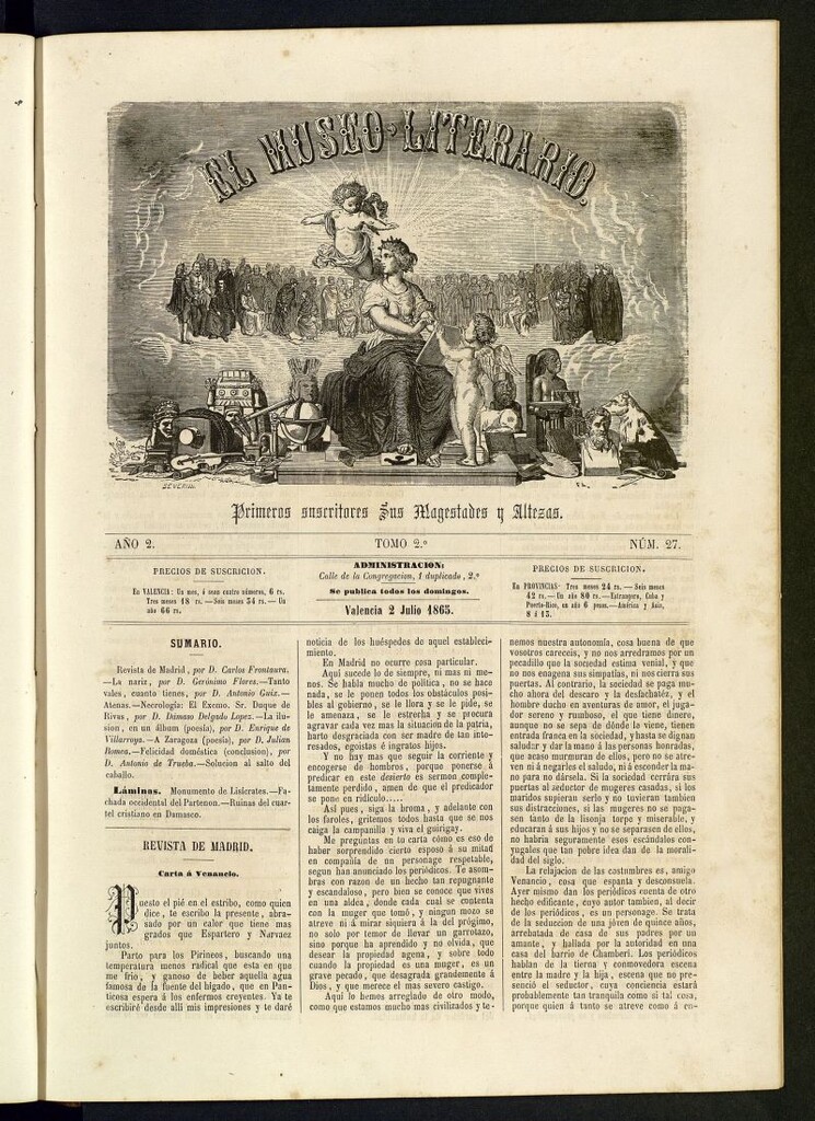 Miniatura de El Museo Literario : periódico semanal de ciencias, literatura, artes, industria y conocimientos útiles del 2 de julio de 1865, nº 27