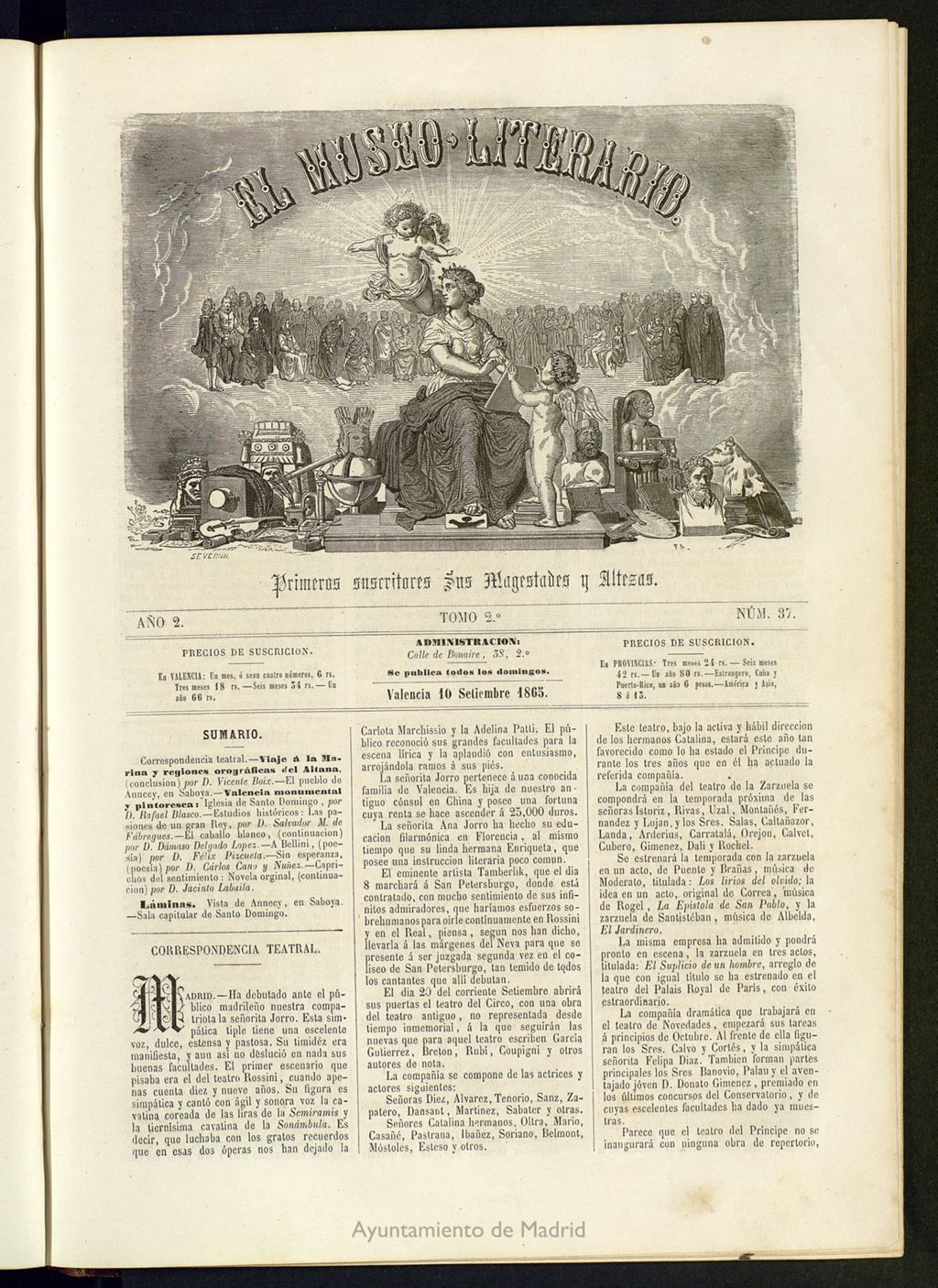 Miniatura de El Museo Literario : periódico semanal de ciencias, literatura, artes, industria y conocimientos útiles del 10 de septiembre de 1865, nº 37