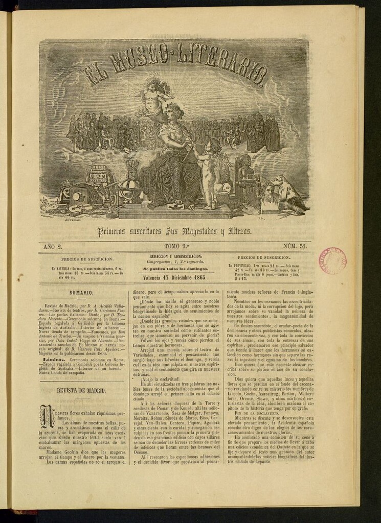 Miniatura de El Museo Literario : periódico semanal de ciencias, literatura, artes, industria y conocimientos útiles del 17 de diciembre de 1865, nº 51
