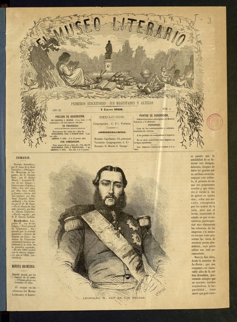 Miniatura de El Museo Literario : periódico semanal de ciencias, literatura, artes, industria y conocimientos útiles del 7 de enero de 1866, nº 1