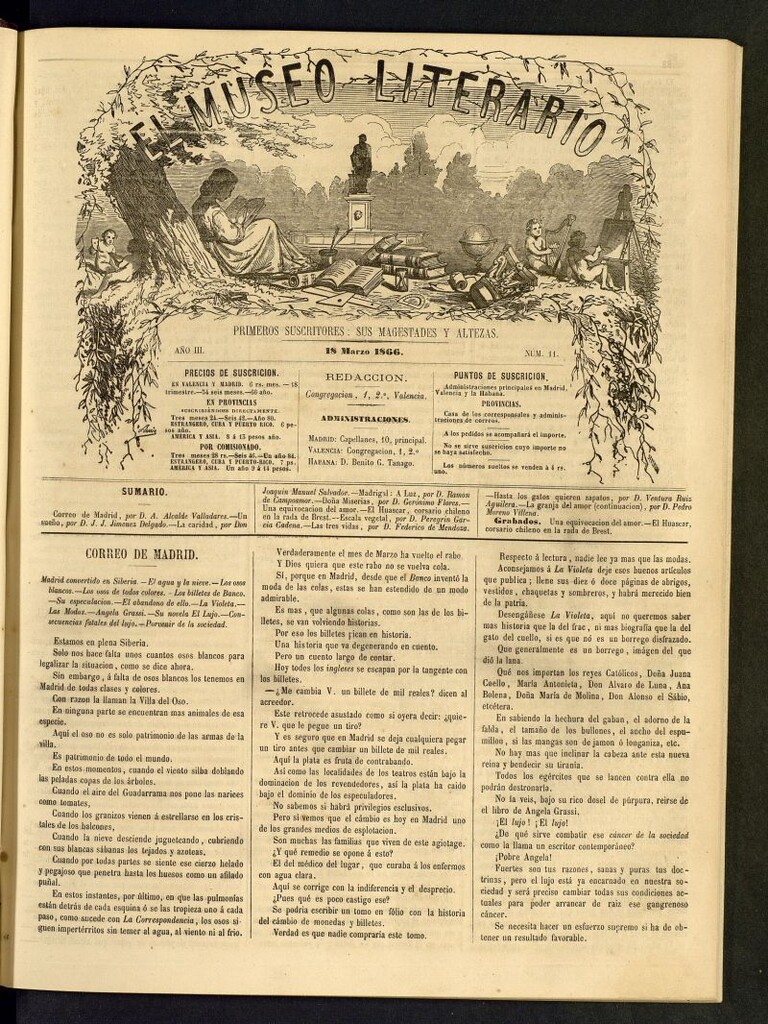 Miniatura de El Museo Literario : periódico semanal de ciencias, literatura, artes, industria y conocimientos útiles del 18 de marzo de 1866, nº 11