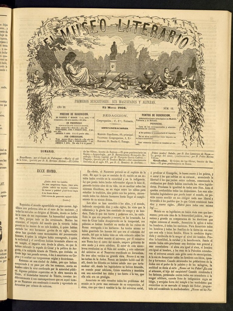Miniatura de El Museo Literario : periódico semanal de ciencias, literatura, artes, industria y conocimientos útiles del 25 de marzo de 1866, nº 12