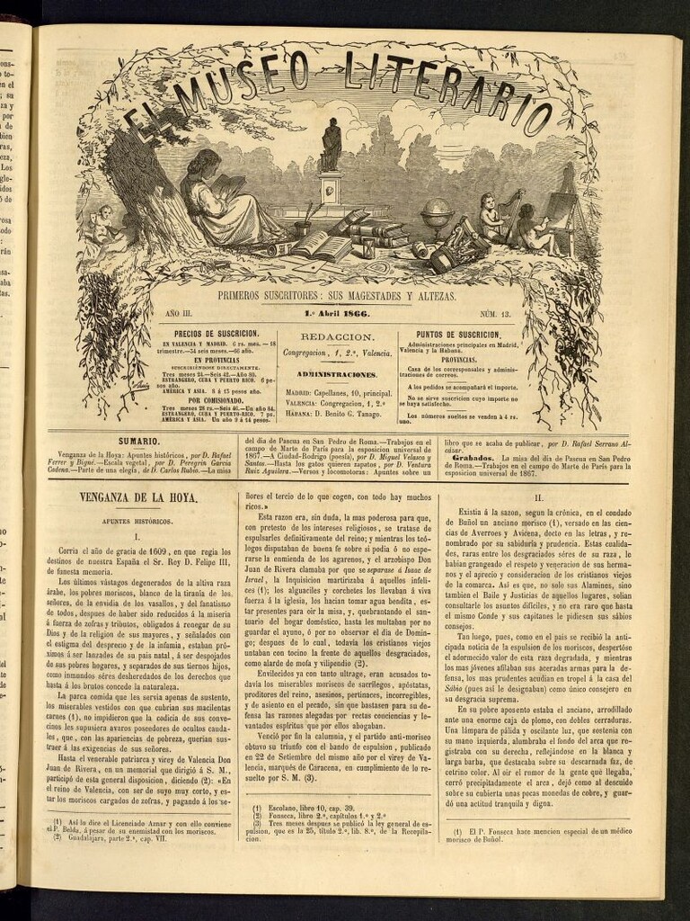 Miniatura de El Museo Literario : periódico semanal de ciencias, literatura, artes, industria y conocimientos útiles del 1 de abril de 1866, nº 13