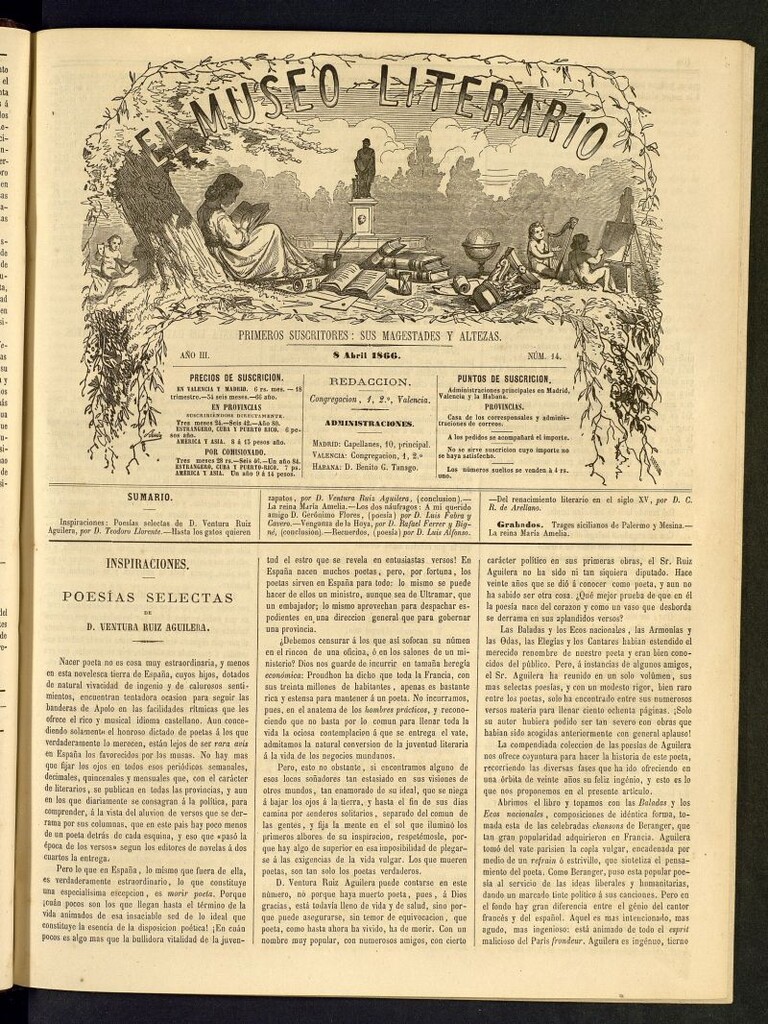 Miniatura de El Museo Literario : periódico semanal de ciencias, literatura, artes, industria y conocimientos útiles del 8 de abril de 1866, nº 14