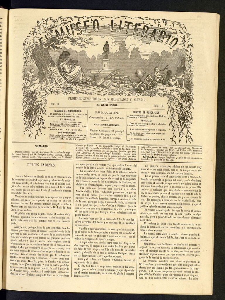 Miniatura de El Museo Literario : periódico semanal de ciencias, literatura, artes, industria y conocimientos útiles del 15 de abril de 1866, nº 15