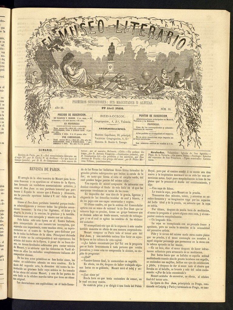 Miniatura de El Museo Literario : periódico semanal de ciencias, literatura, artes, industria y conocimientos útiles del 22 de abril de 1866, nº 16