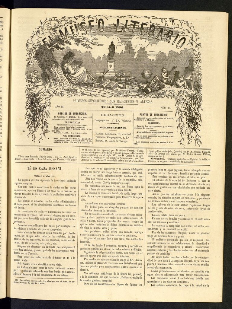 Miniatura de El Museo Literario : periódico semanal de ciencias, literatura, artes, industria y conocimientos útiles del 29 de abril de 1866, nº 17