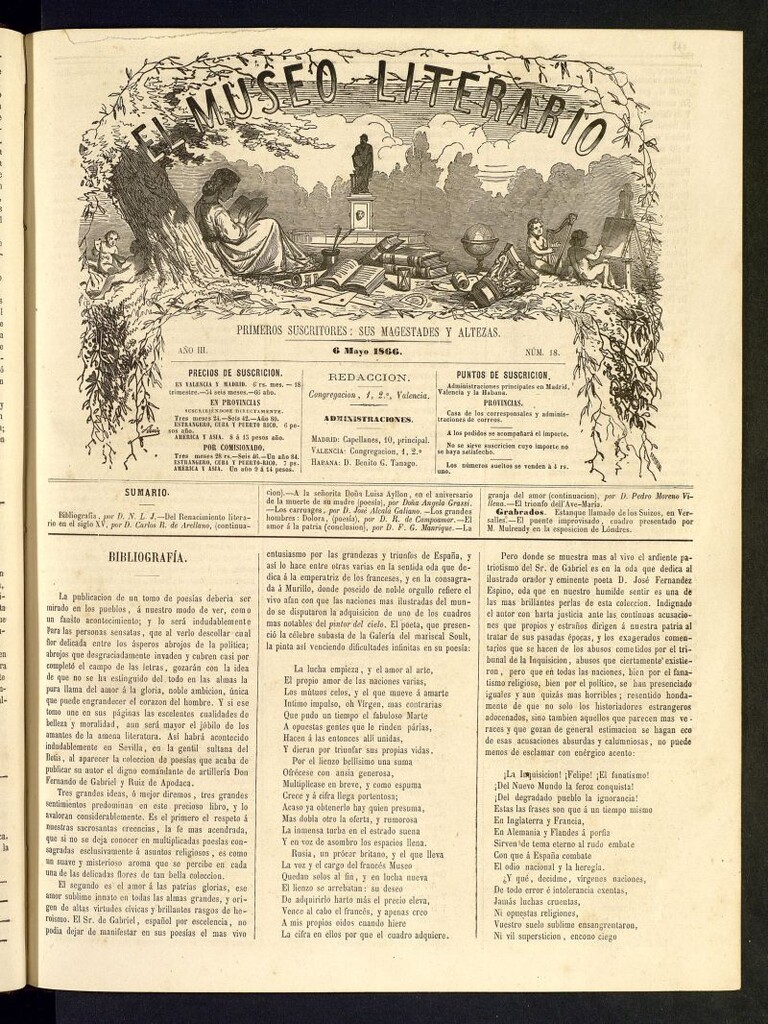 Miniatura de El Museo Literario : periódico semanal de ciencias, literatura, artes, industria y conocimientos útiles del 6 de mayo de 1866, nº 18