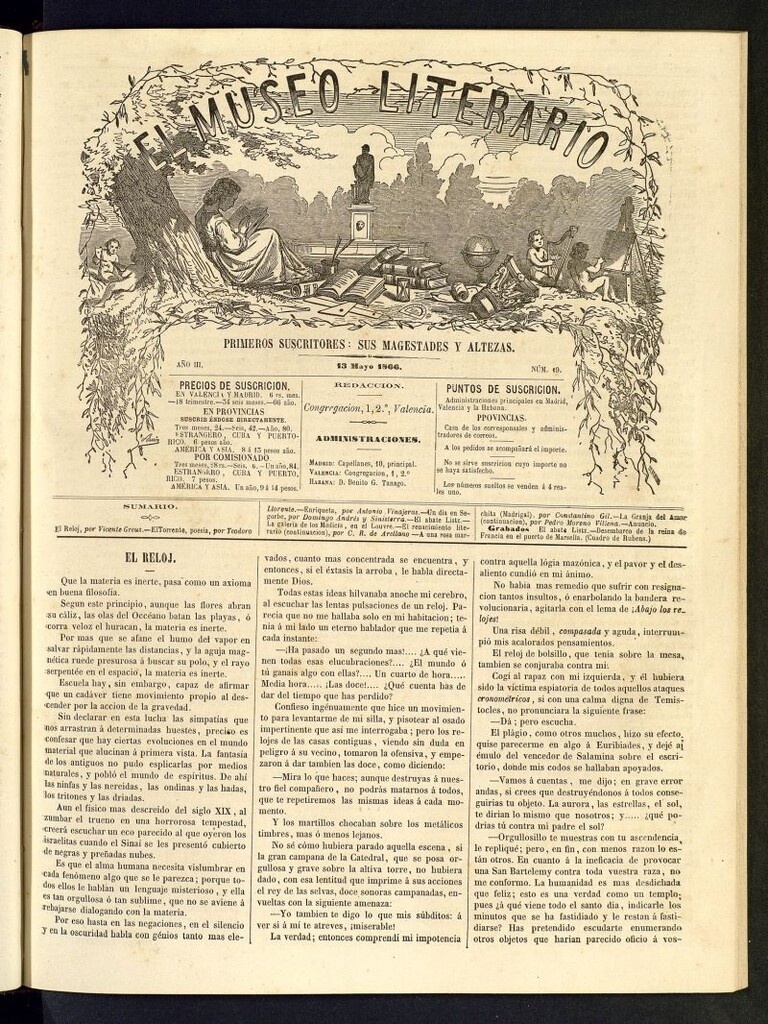 Miniatura de El Museo Literario : periódico semanal de ciencias, literatura, artes, industria y conocimientos útiles del 13 de mayo de 1866, nº 19