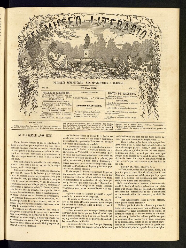 Miniatura de El Museo Literario : periódico semanal de ciencias, literatura, artes, industria y conocimientos útiles del 27 de mayo de 1866, nº 21
