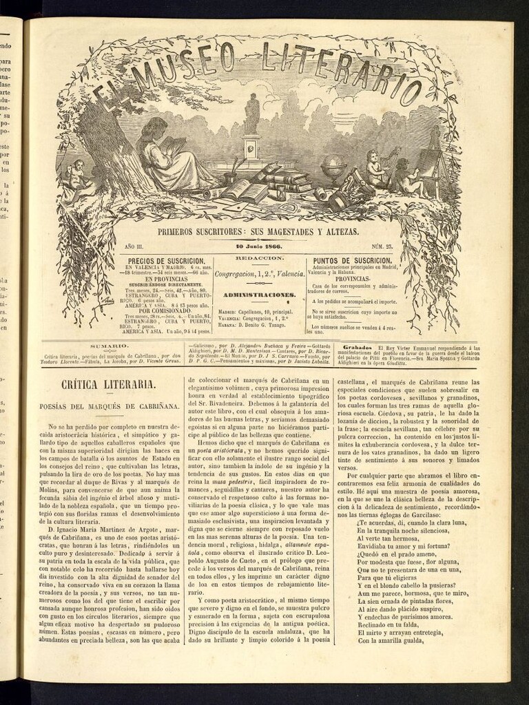 Miniatura de El Museo Literario : periódico semanal de ciencias, literatura, artes, industria y conocimientos útiles del 10 de junio de 1866, nº 23