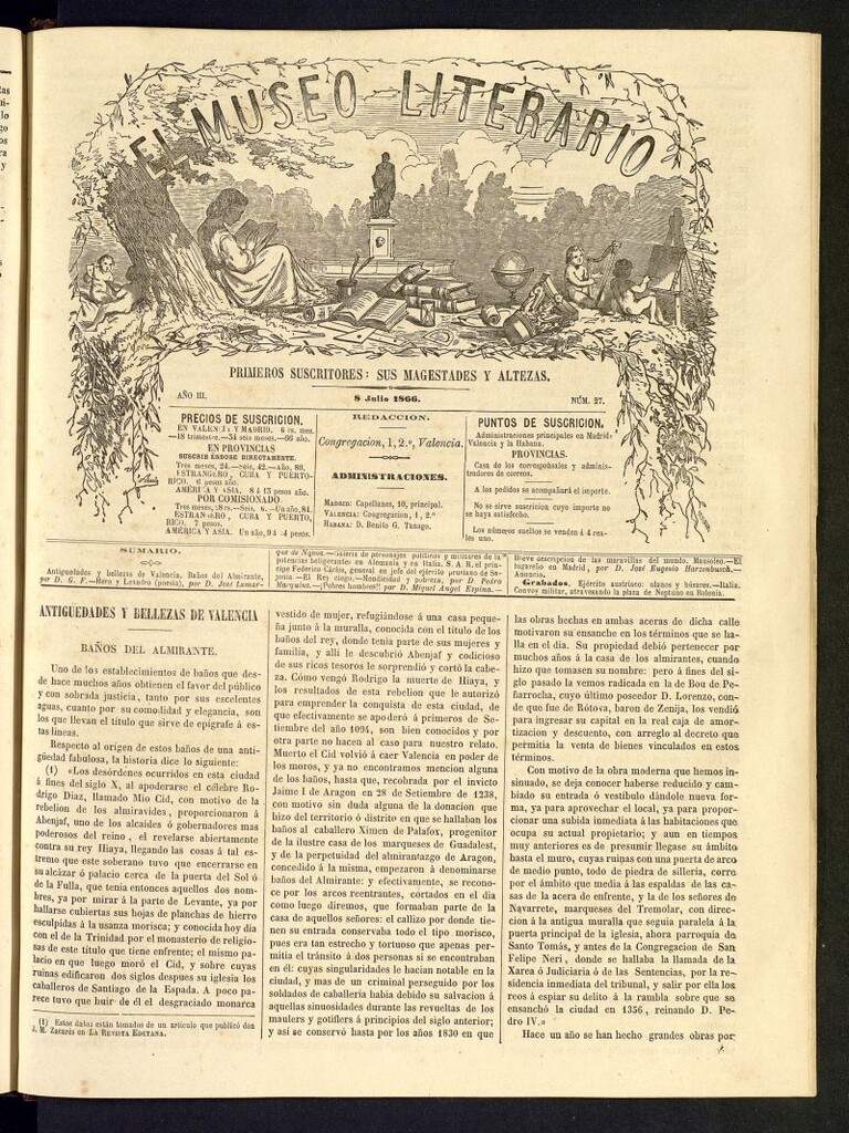 Miniatura de El Museo Literario : periódico semanal de ciencias, literatura, artes, industria y conocimientos útiles del 8 de julio de 1866, nº 27