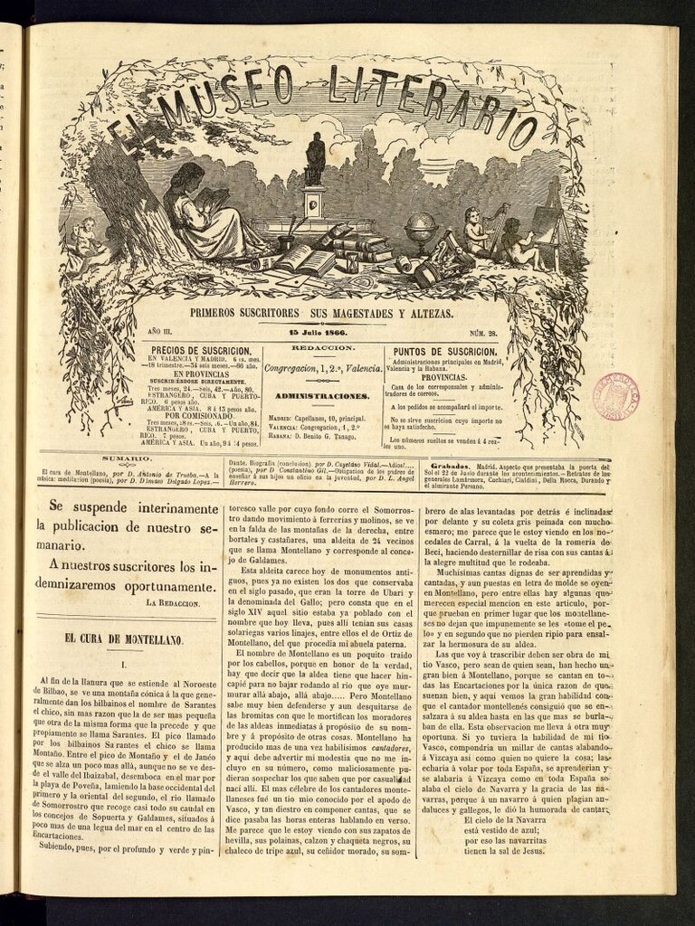 Miniatura de El Museo Literario : periódico semanal de ciencias, literatura, artes, industria y conocimientos útiles del 15 de julio de 1866, nº 28 [sic]