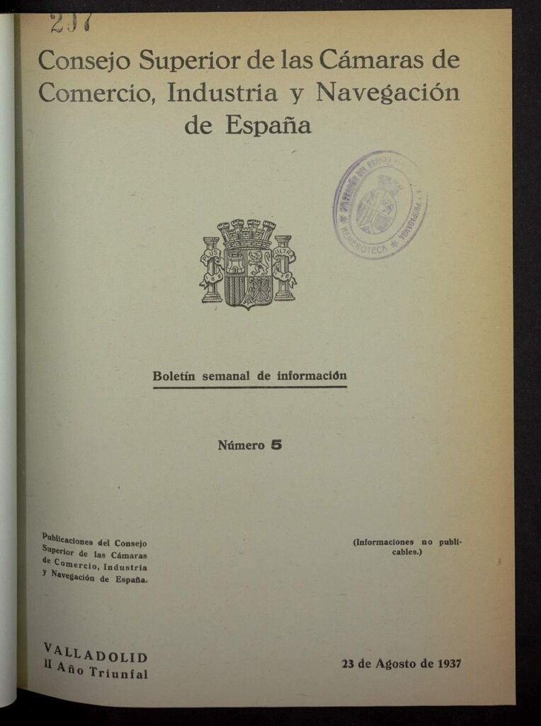Miniatura de Boletín Semanal de Información. Consejo Superior de las Cámaras de Comercio de España del 23 de agosto de 1937, nº 5