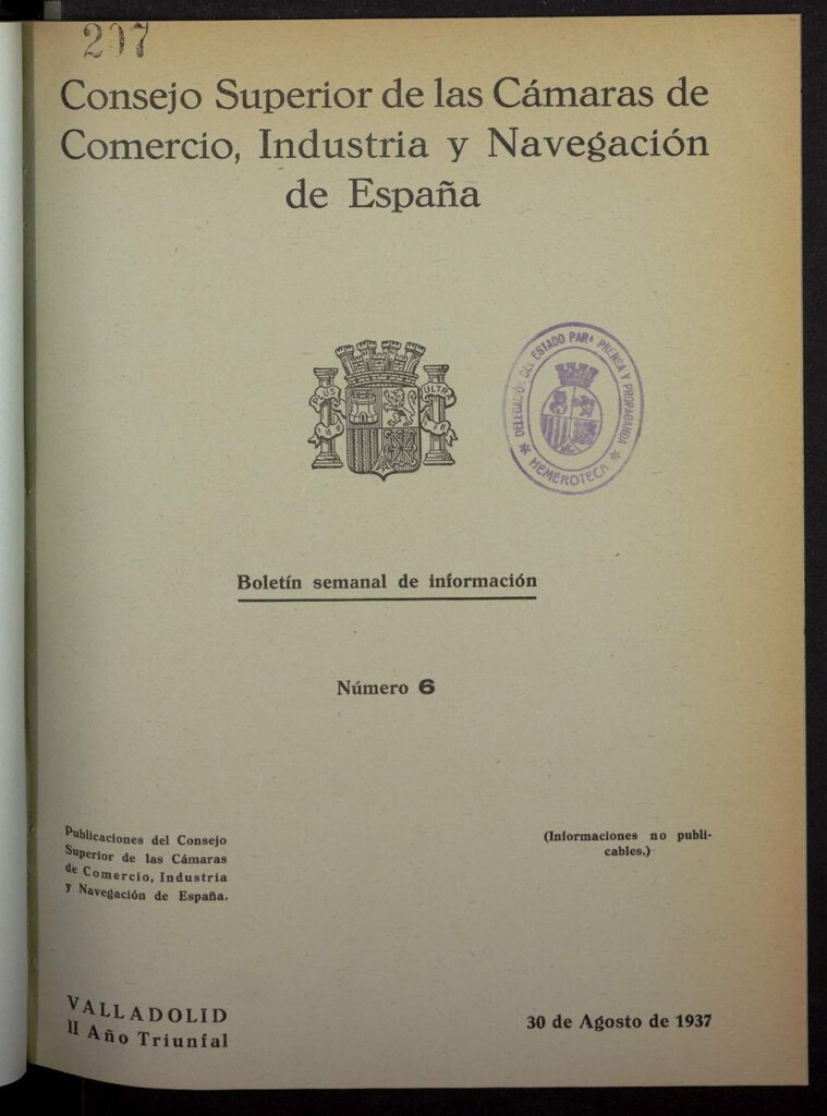 Miniatura de Boletín Semanal de Información. Consejo Superior de las Cámaras de Comercio de España del 30 de agosto de 1937, nº 6