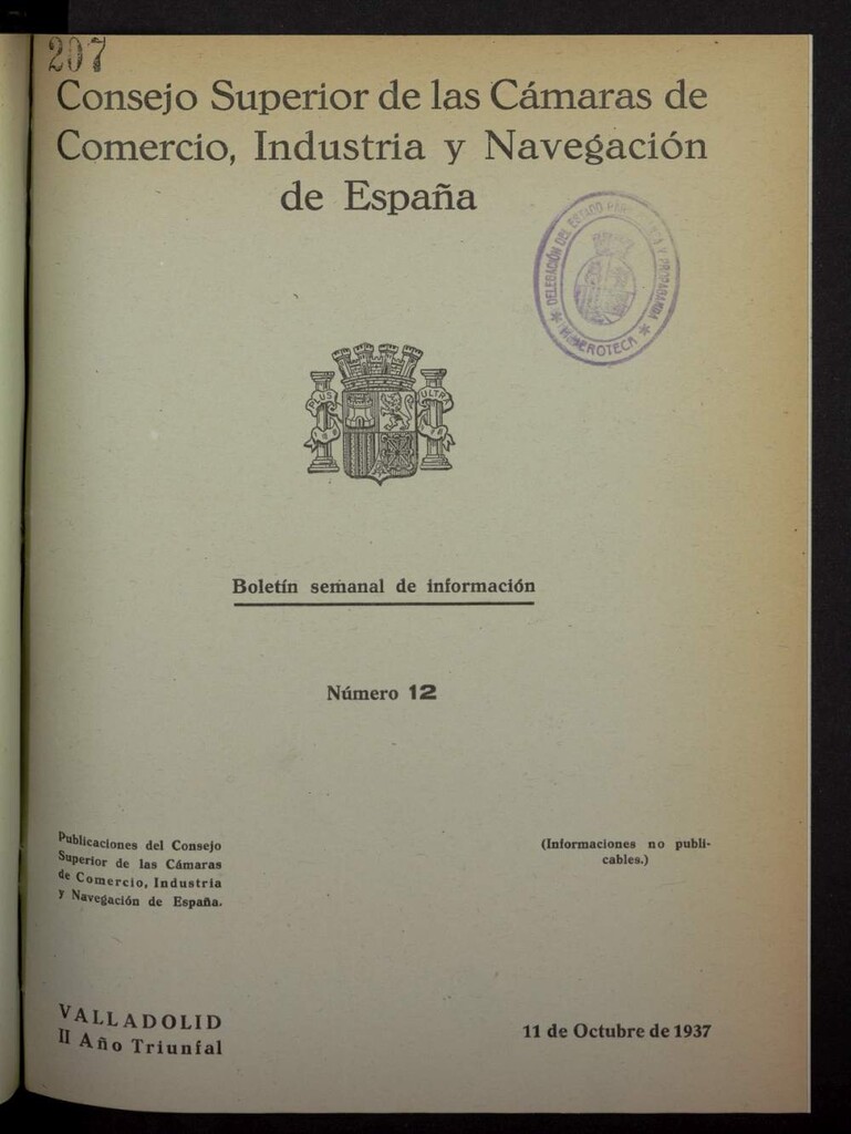 Miniatura de Boletín Semanal de Información. Consejo Superior de las Cámaras de Comercio de España del 11 de octubre de 1937, nº 12