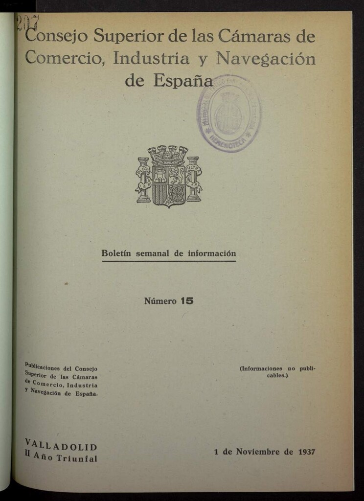 Miniatura de Boletín Semanal de Información. Consejo Superior de las Cámaras de Comercio de España del 1 de noviembre de 1937, nº 15