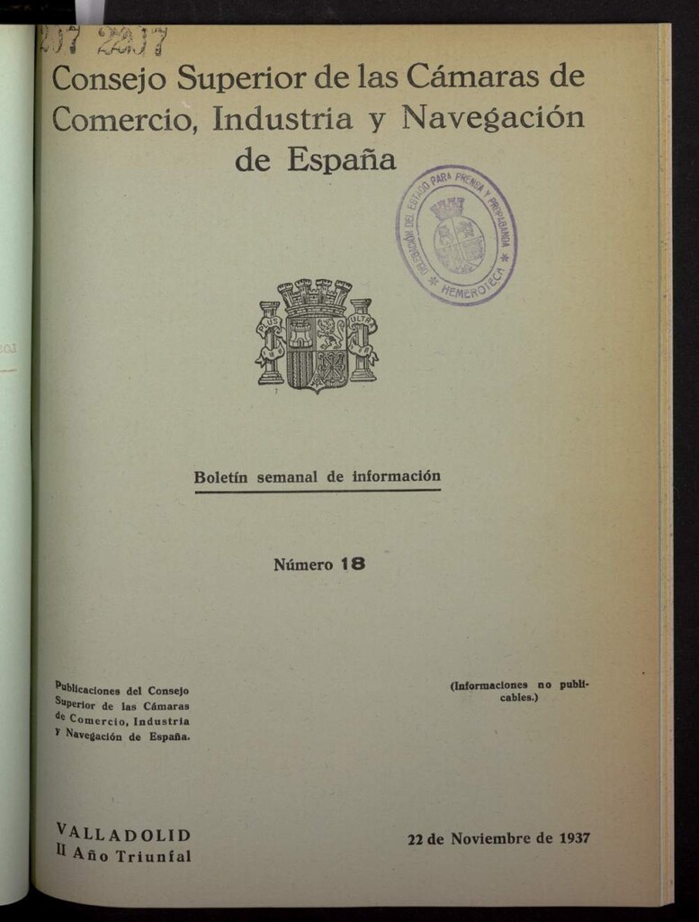 Miniatura de Boletín Semanal de Información. Consejo Superior de las Cámaras de Comercio de España del 22 de noviembre de 1937, nº 18