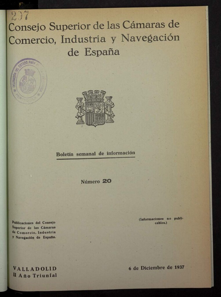 Miniatura de Boletín Semanal de Información. Consejo Superior de las Cámaras de Comercio de España del 6 de diciembre de 1937, nº 20