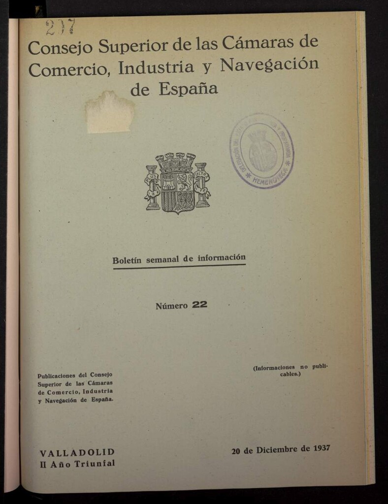 Miniatura de Boletín Semanal de Información. Consejo Superior de las Cámaras de Comercio de España del 20 de diciembre de 1937, nº 22