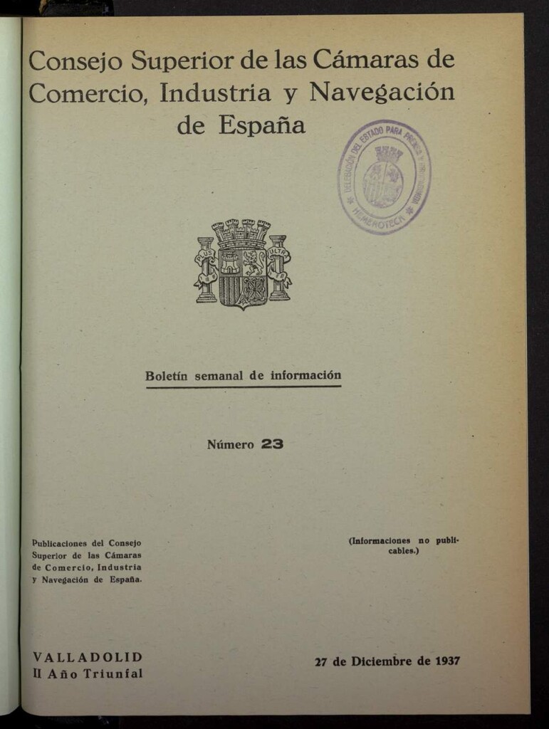 Miniatura de Boletín Semanal de Información. Consejo Superior de las Cámaras de Comercio de España del 27 de diciembre de 1937, nº 23
