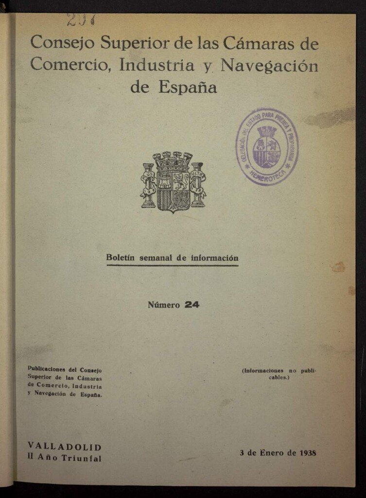 Miniatura de Boletín Semanal de Información. Consejo Superior de las Cámaras de Comercio, Industria y Navegación de España del 3 de enero de 1938, nº 24