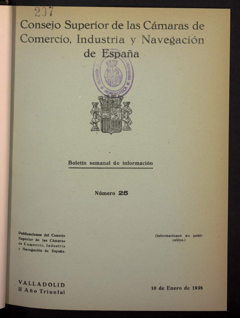 Miniatura de Boletín Semanal de Información. Consejo Superior de las Cámaras de Comercio, Industria y Navegación de España del 10 de enero de 1938, nº 25