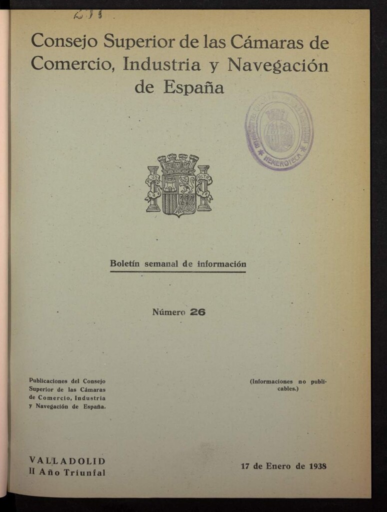 Miniatura de Boletín Semanal de Información. Consejo Superior de las Cámaras de Comercio, Industria y Navegación de España del 17 de enero de 1938, nº 26