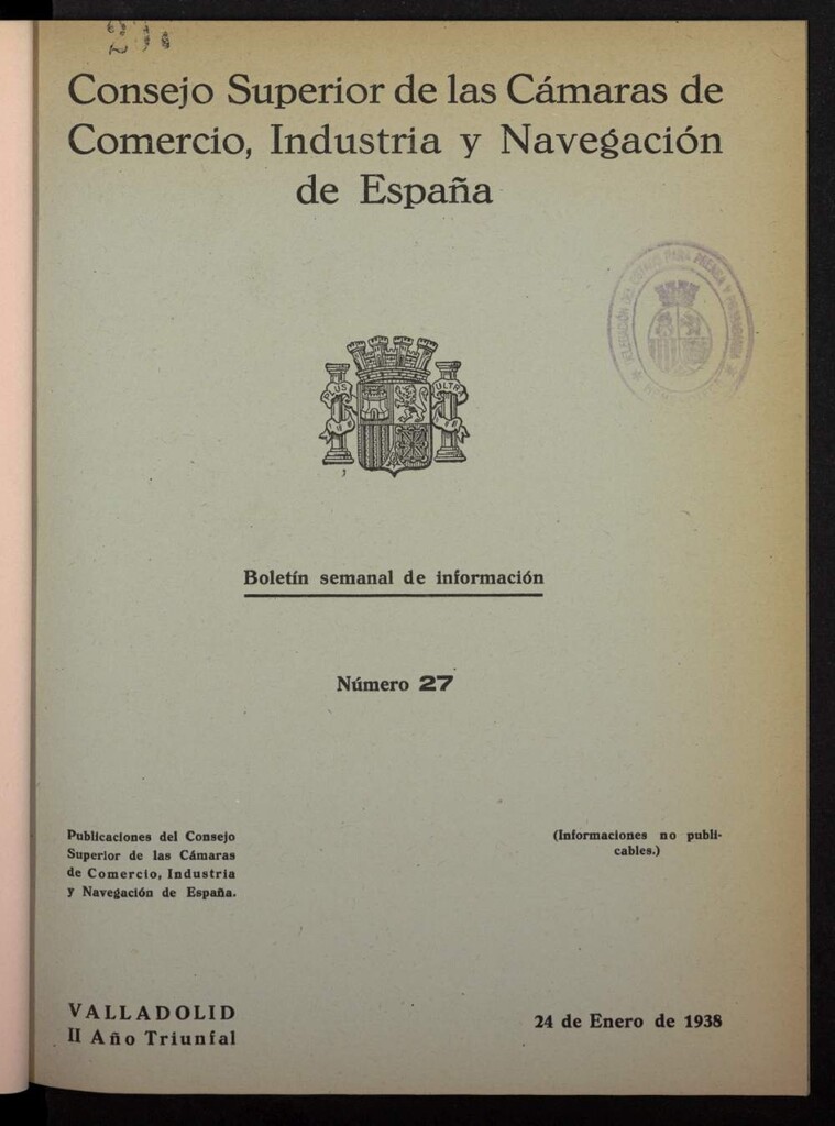 Miniatura de Boletín Semanal de Información. Consejo Superior de las Cámaras de Comercio, Industria y Navegación de España del 24 de enero de 1938, nº 27