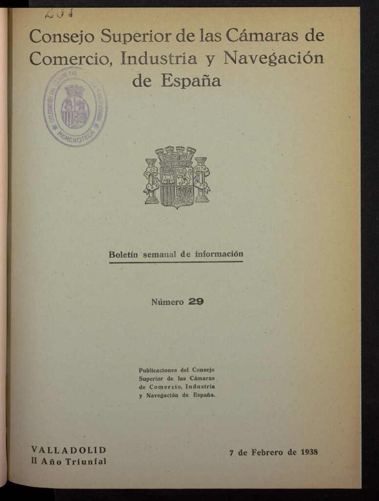 Miniatura de Boletín Semanal de Información. Consejo Superior de las Cámaras de Comercio, Industria y Navegación de España del 7 de febrero de 1938, nº 29